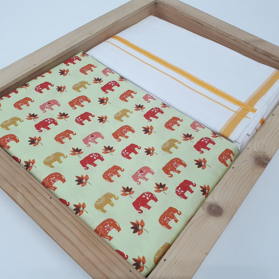 Unstitched Elephant Print Cotton Shirt & Matching Veshti